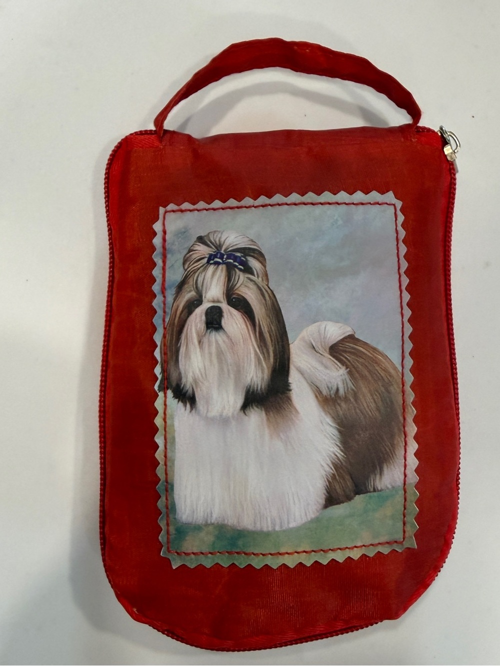 Red Foldable Nylon Tote Bag w/ Shih Tzu Breed Expands Full Size 15”x16” Reusable